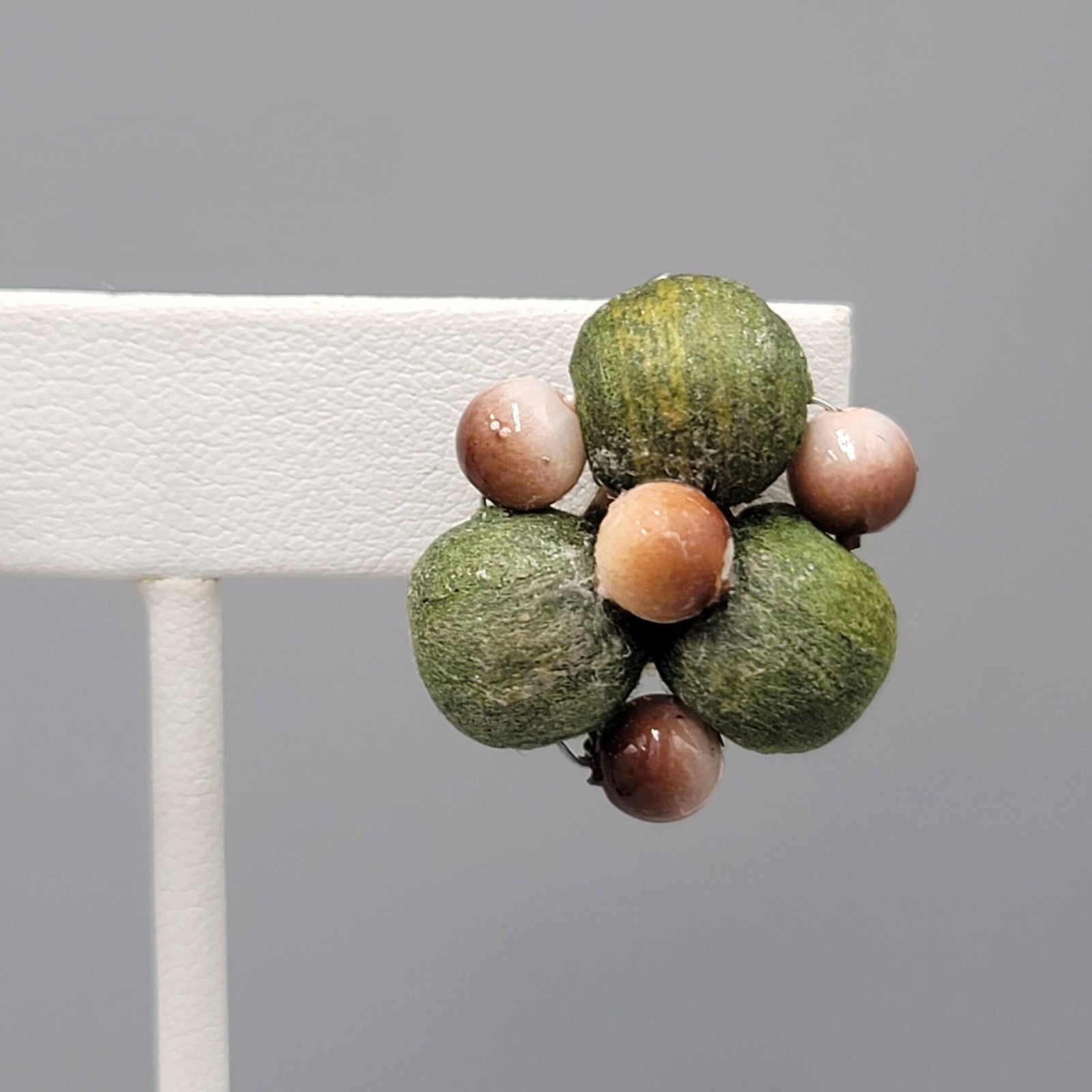 VintageWrapped Green Bead Clip on Earrings Brown Bead 1 in