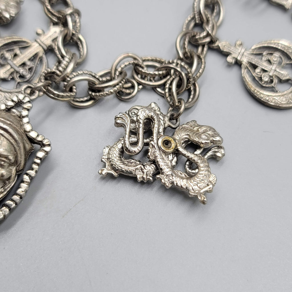 Vintage HAR HARGO Charm Bracelet Asian Silver tone Chunky 6.75 in