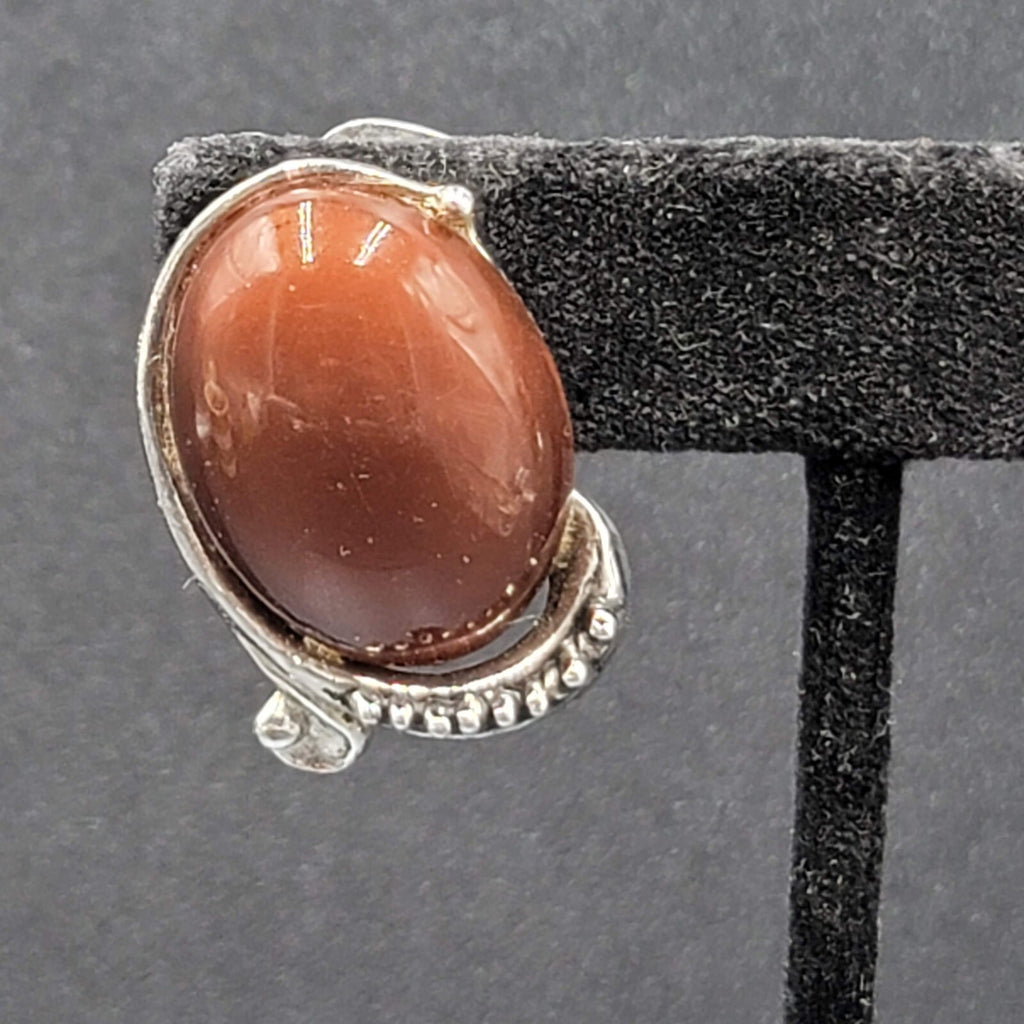 Vintage Clip on Earrings Silver tone Brown Oval Cabochon Acrylic Drop 1 1/8"