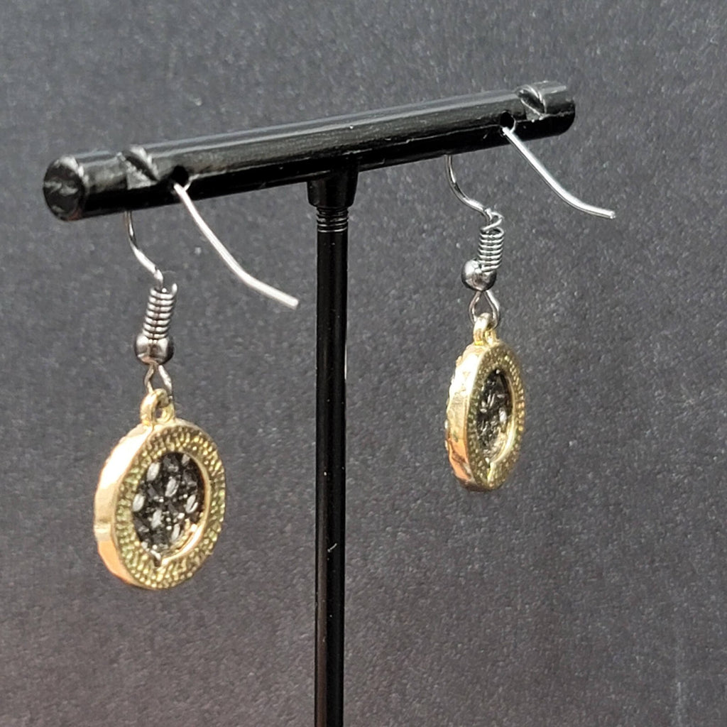 Pierced Earrings Black Metal Gold tone Crystal Round Open Work Dangle 5/8"