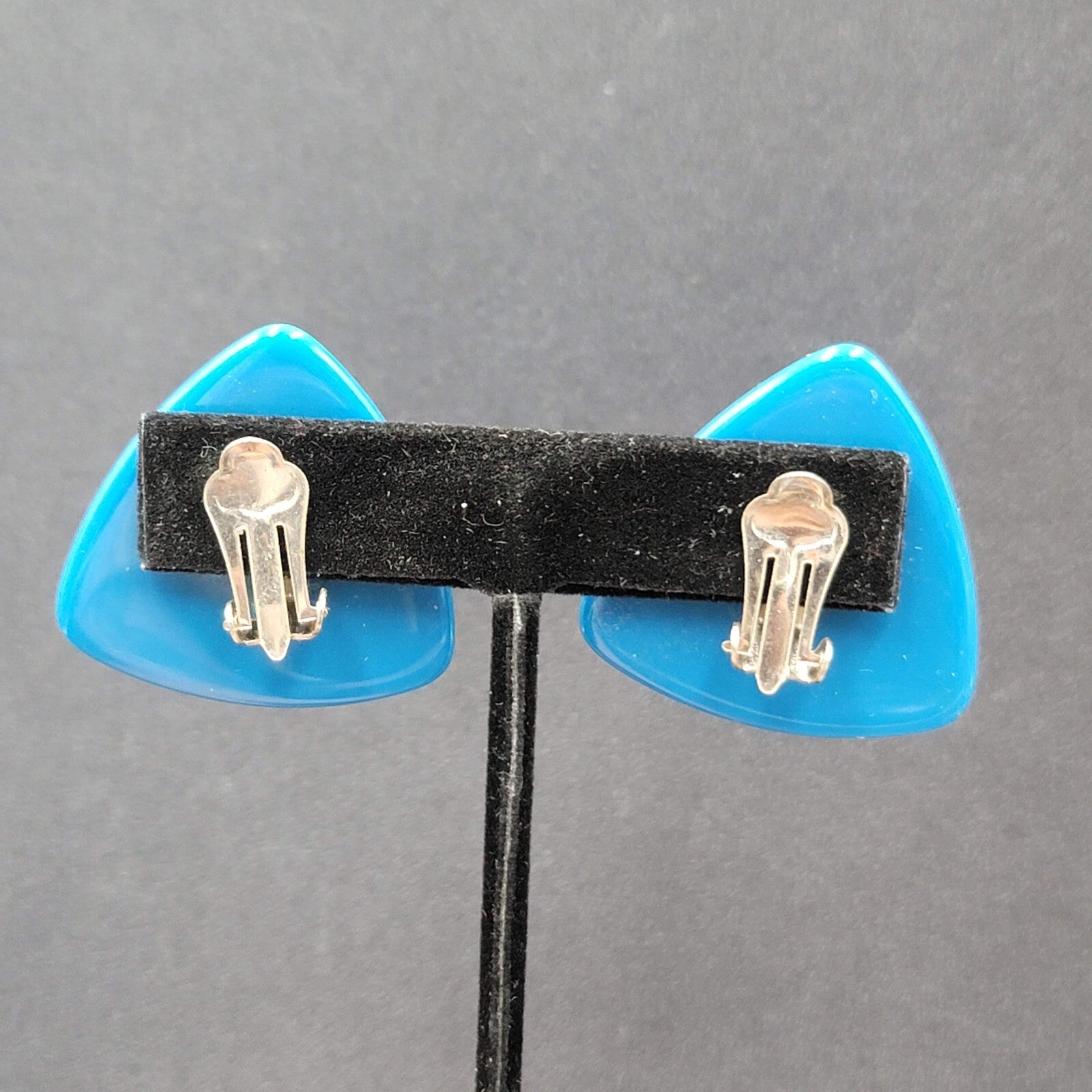 Vintage Clip on Earrings Blue Acrylic Triangle Statement Drop 1 3/8"