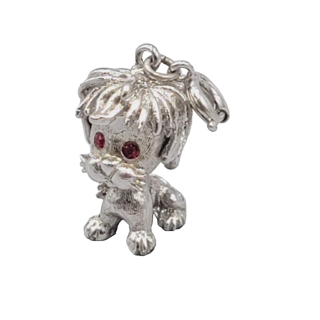 Vintage Monet Dog Charm Silver Tone Dangle Red Rhinestone Eyes 1"