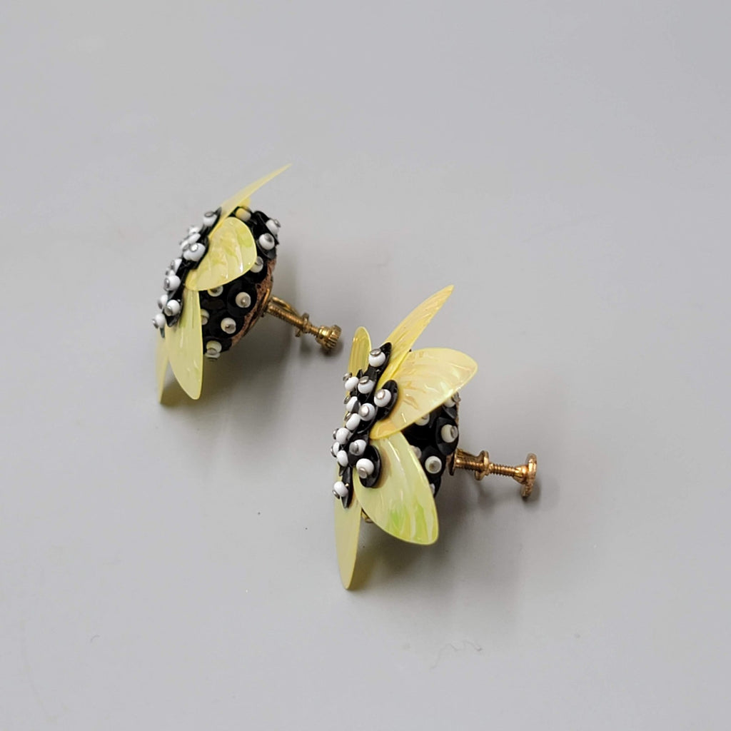 Vintage Yellow Black Flower Clip on Earrings Large Statement Drop 1.75"