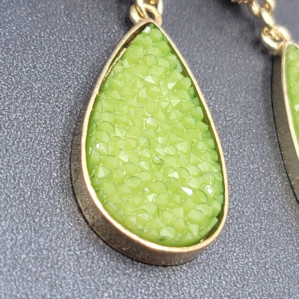 Pierced Earrings Gold tone Green Druzy Style Statement Dangle 2.25"