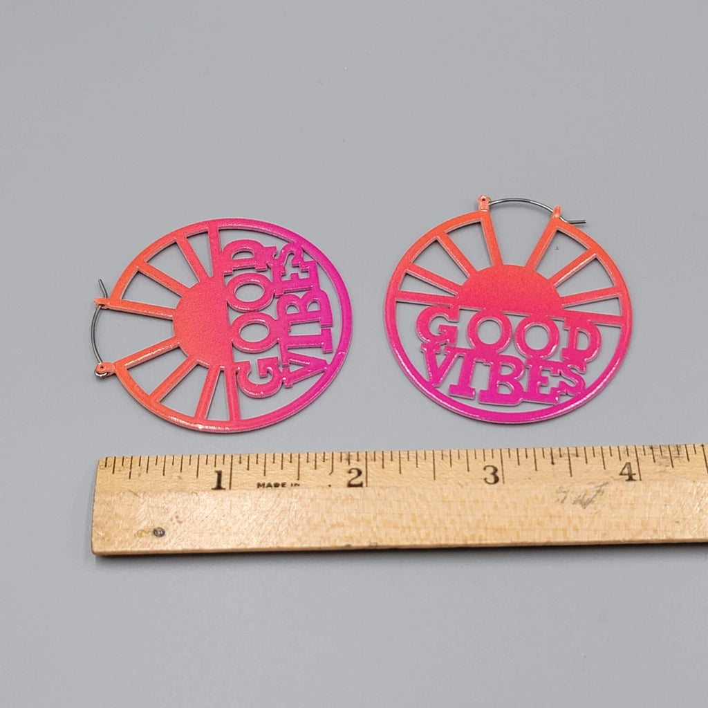 GOOD VIBES Pierced Earrings LARGE Pink Enamel over Metal Hoops 2"