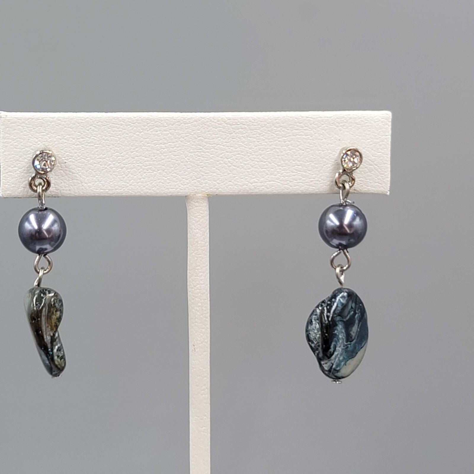 Pearl Blue Shell Pierced Earrings Silver tone Dangle 1.5"