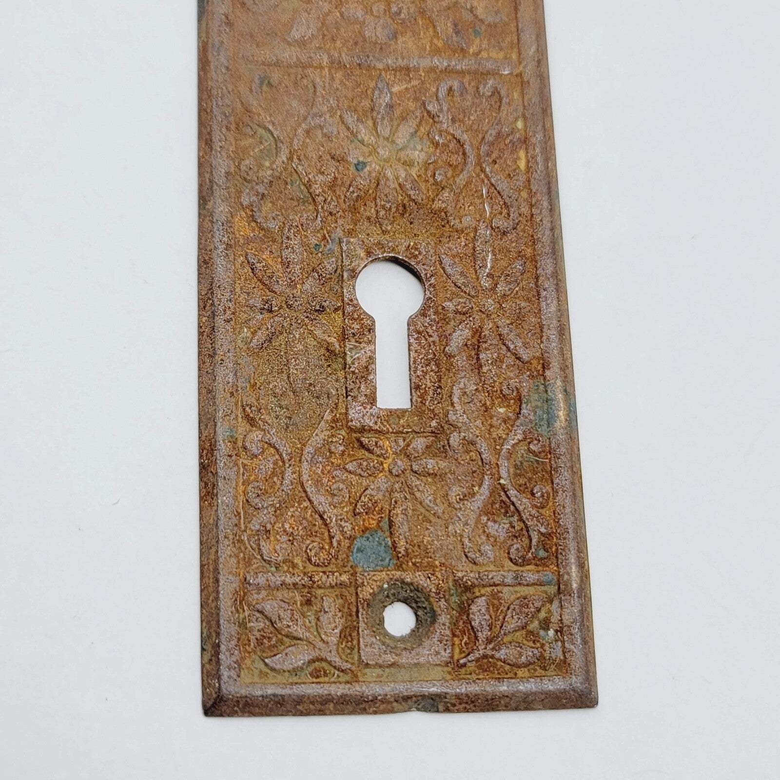 Vintage Ornate Steel Doorknob Back Plate 5  5/8" x 1  3/4" holes 2 3/8"