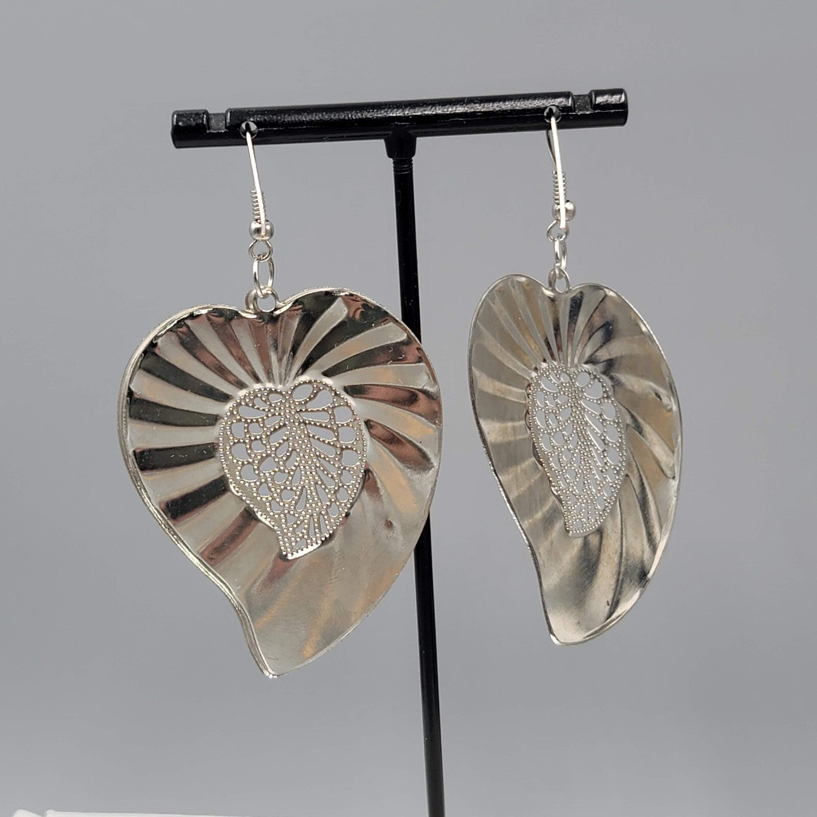Large Statement Pierced Earrings Red Enamel Silver tone Filigree Dangle 2.25"
