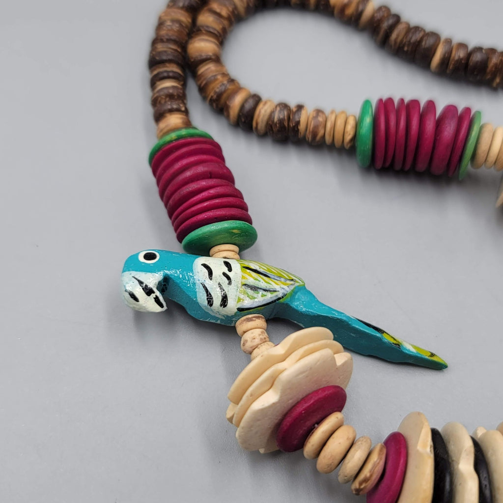 Vintage Coconut Wood Bead Necklace Bird Hand Painted 22" Estate Costume Jewelry