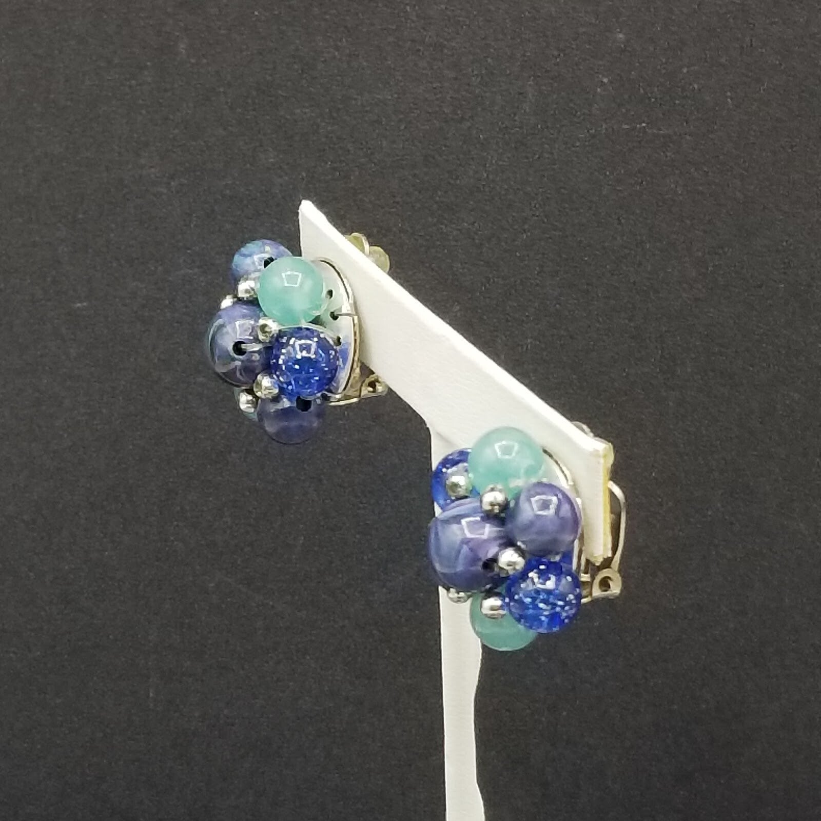 Vintage Clip On Silver tone Blue and Green Acrylic Bead Cluster Stud 1"