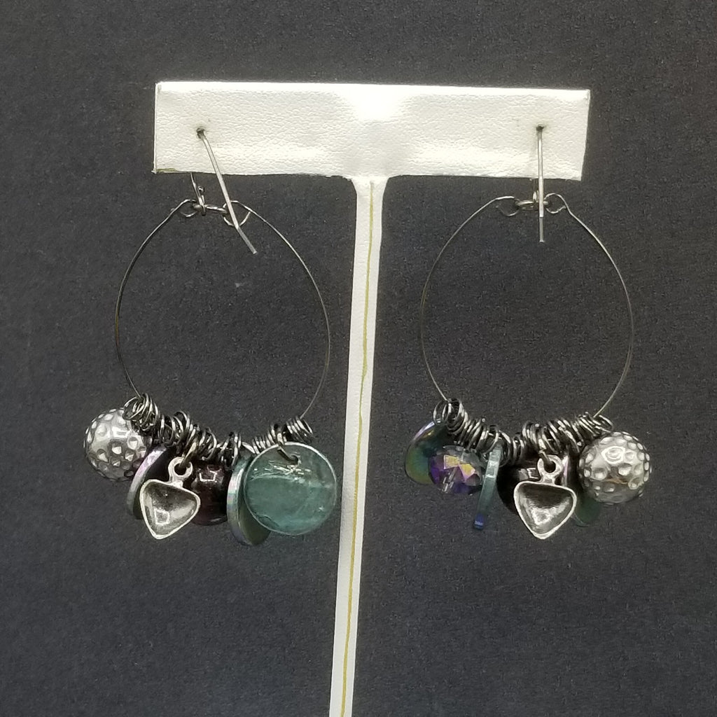 Pierced Earrings Black Wire Loop Acrylic Metal Charm Dangle 2 1/4"