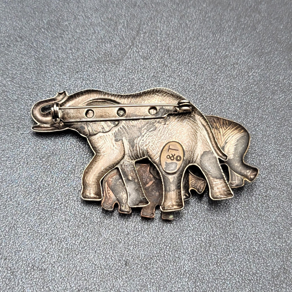 Vintage K & T Elephants Brooch Pin Copper Brass Silver Tone Modern Signed