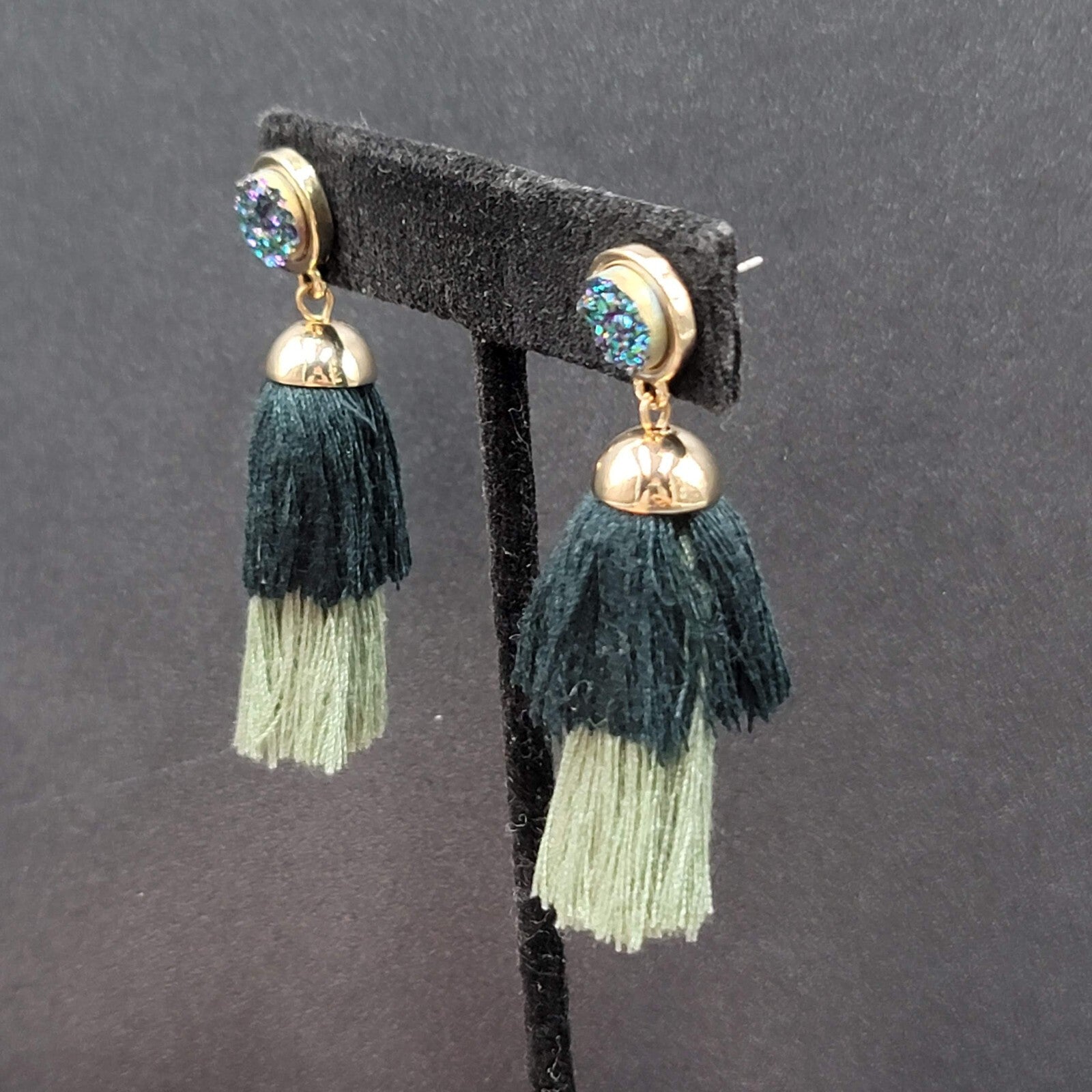 Pierced Earrings Gold tone Green Tassel Faux Druzy Dangle 2.25"