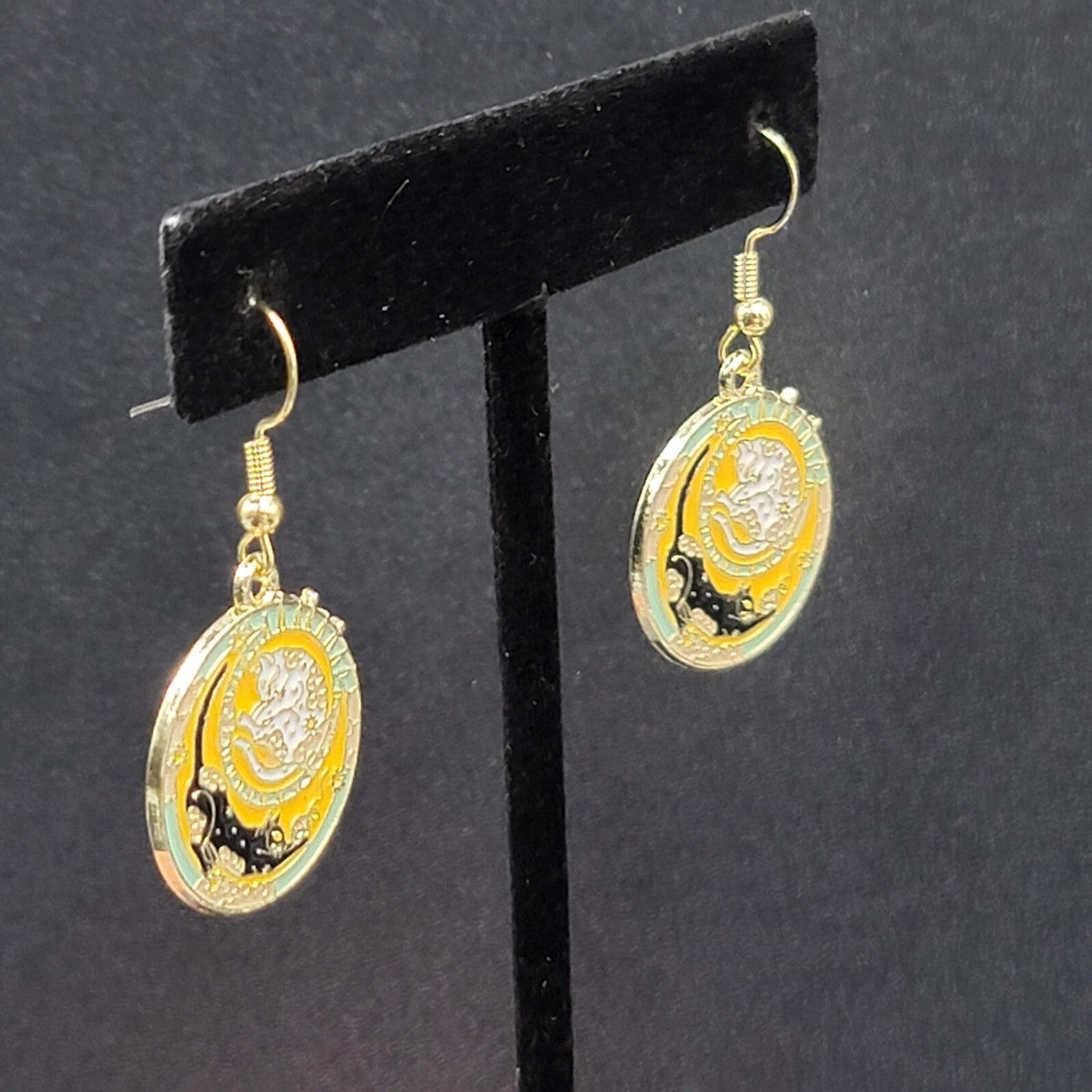 Pierced Earrings Gold tone Enamel Black Cat White Cat Sun Moon Dangle 1"