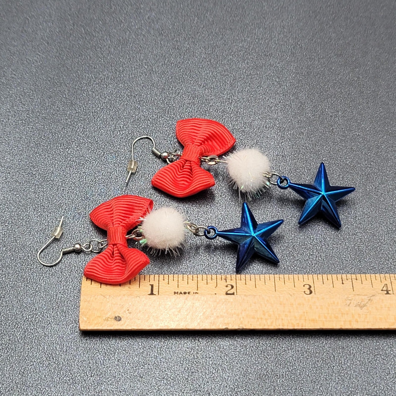 Patriotic Pierced Earrings Red Ribbon Bow Pom Pom Blue Star 2.75"
