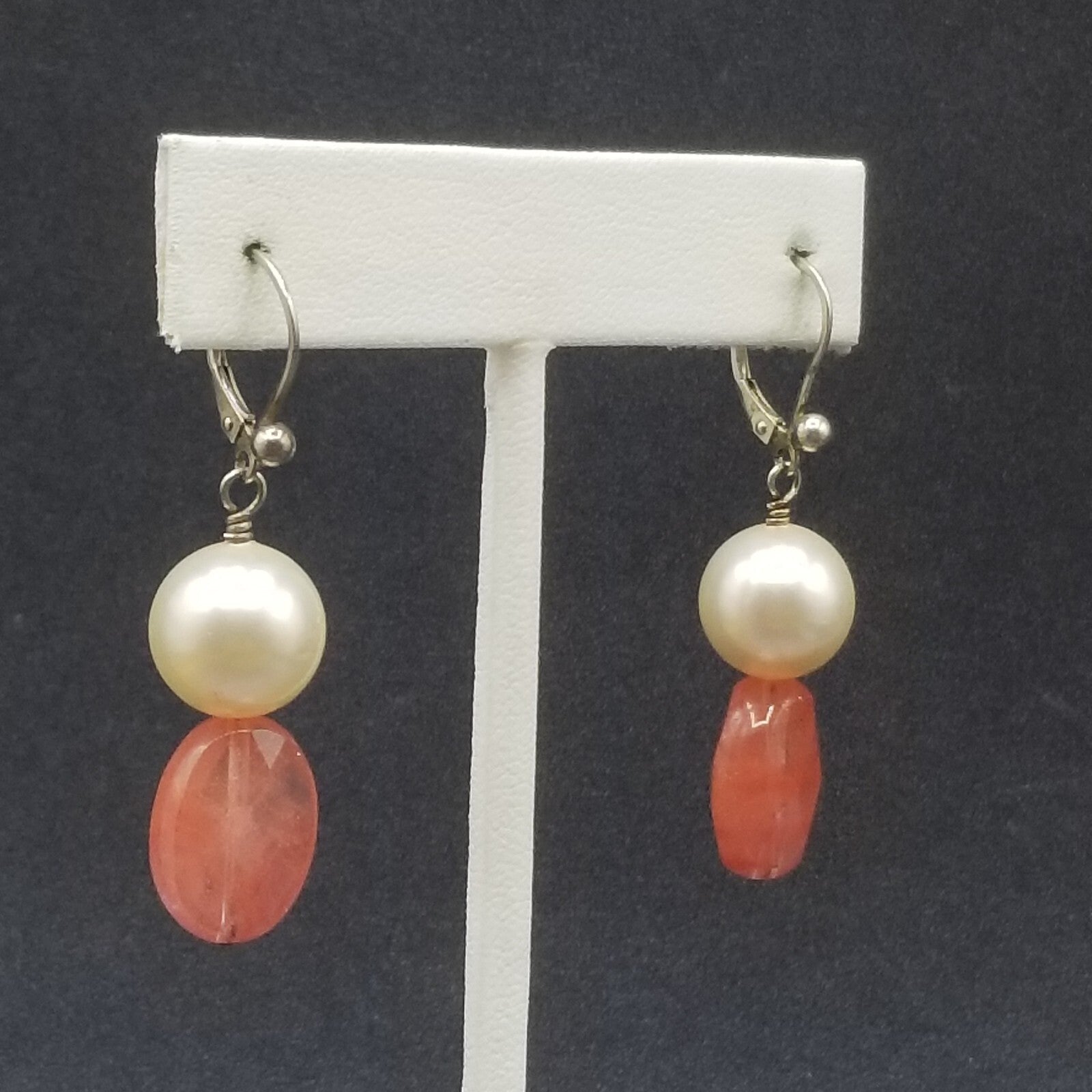 Pierced Earrings Silver tone Faux Pearl Faceted Quartz Beaded Dangle 1 1/4"