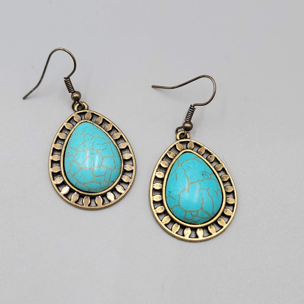 Teardrop Pierced Earrings Bronze tone Blue Howlite Dangle 1 1/8"