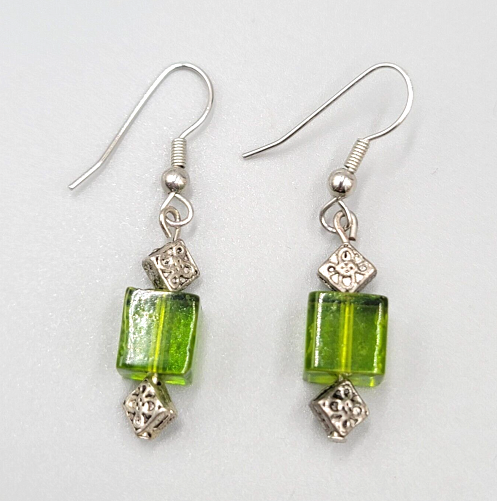 Pierced Earrings Square Green Glass Bead Silver tone Dangle 1"