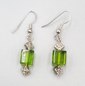 Pierced Earrings Square Green Glass Bead Silver tone Dangle 1"