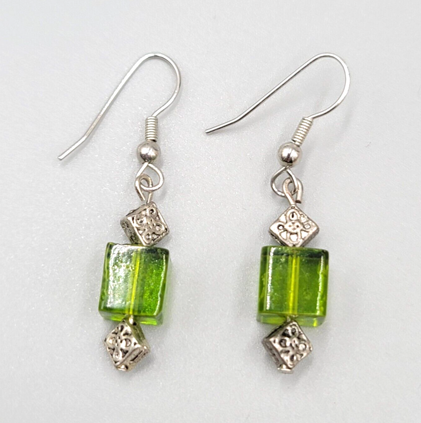 Pierced Earrings Square Green Glass Bead Silver tone Dangle 1"
