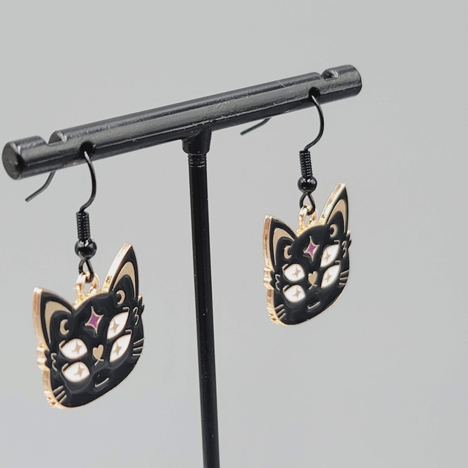 Four Eyed Black Cat Pierced Earrings Enamel Gold tone Dangle New 