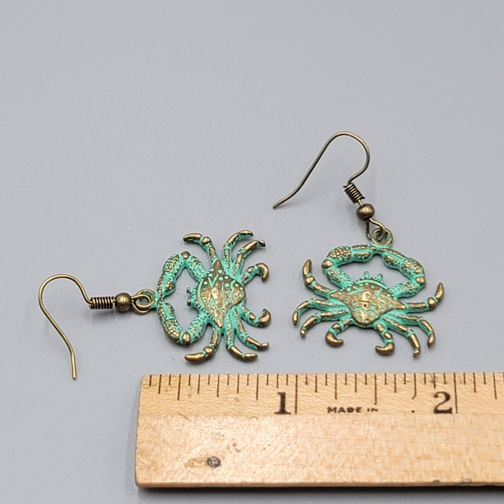 Crab Beach Sea life Pierced Earrings Bronze tone Green wash Dangle 7/8"