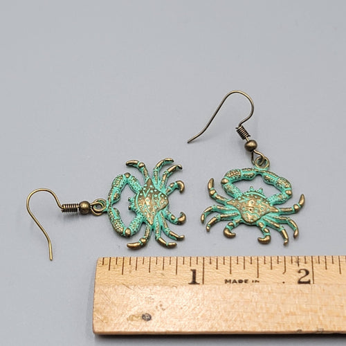Crab Beach Sea life Pierced Earrings Bronze tone Green wash Dangle 7/8"