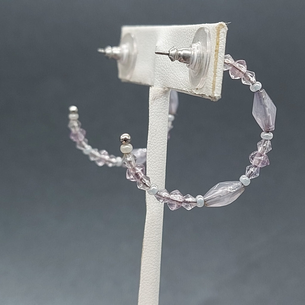 Liz Claiborne Pierced Earrings Silver tone Beaded Hoops Light Pink Purple 1 1/8"
