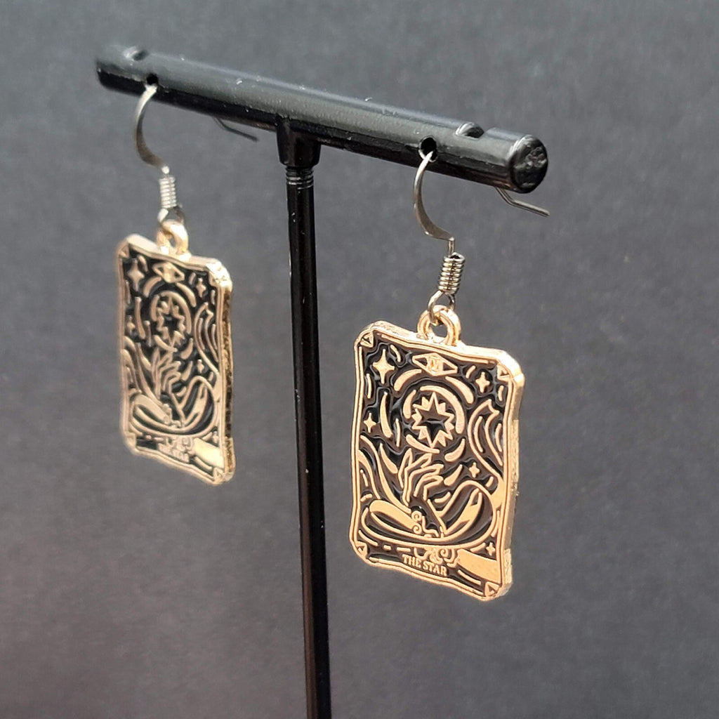 Tarot Card Pierced Earrings The STAR Gold tone Black 1"