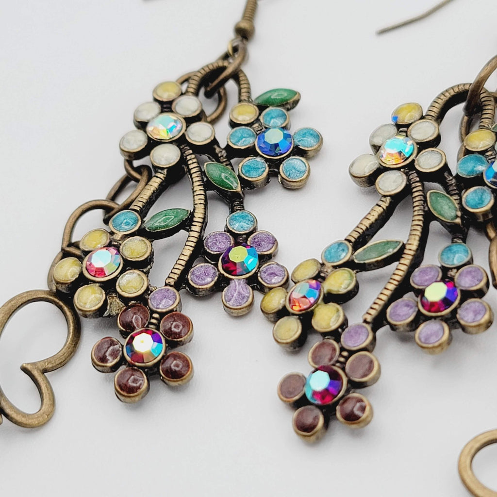 Multicolor Crystal Flowers Butterfly Pierced Earrings Bronze tone Dangle 2 in