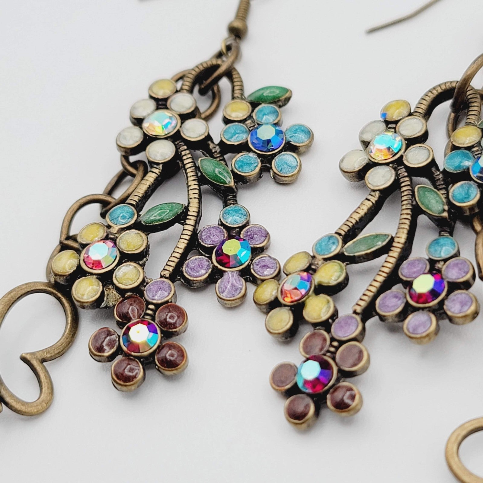 Multicolor Crystal Flowers Butterfly Pierced Earrings Bronze tone Dangle 2 in