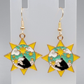 Kitty Cat in the Sun Enamel Pierced Earrings Gold tone Dangle 1 1/8"