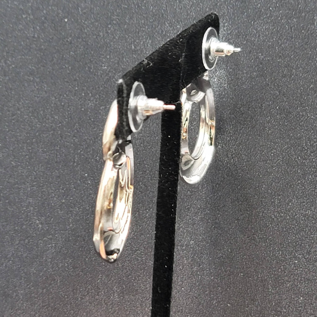 Pierced Earrings High Polish Silver tone Double Loop Drop 1 3/8"