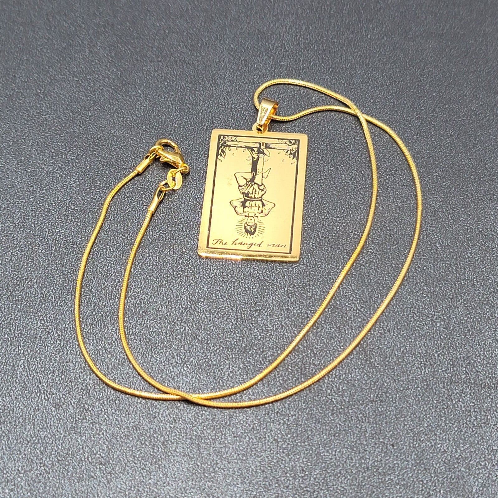 The HANGED MAN Tarot Card Pendant Necklace Major Arcana Gold tone 18”.