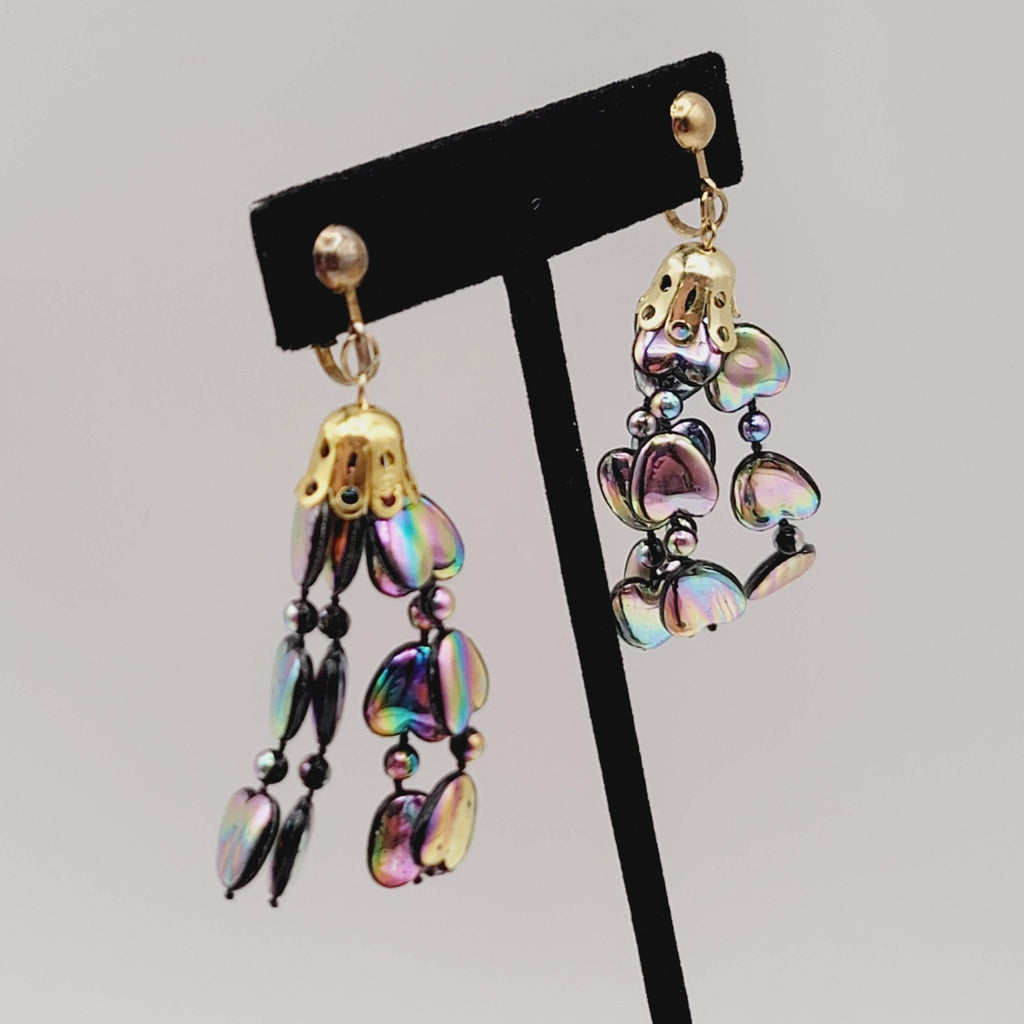 Vintage Rainbow Hearts Clip on Earrings Gold tone Dangle 2 in