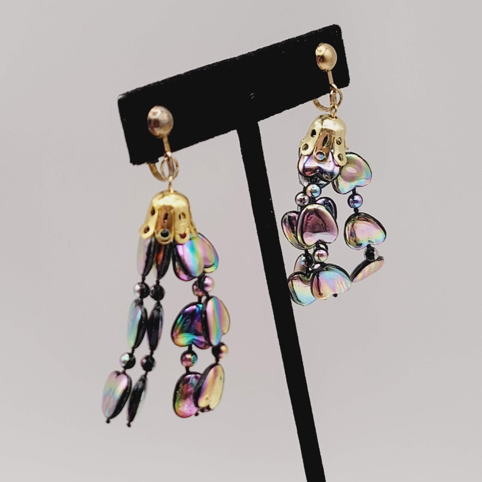 Vintage Rainbow Hearts Clip on Earrings Gold tone Dangle 2 in