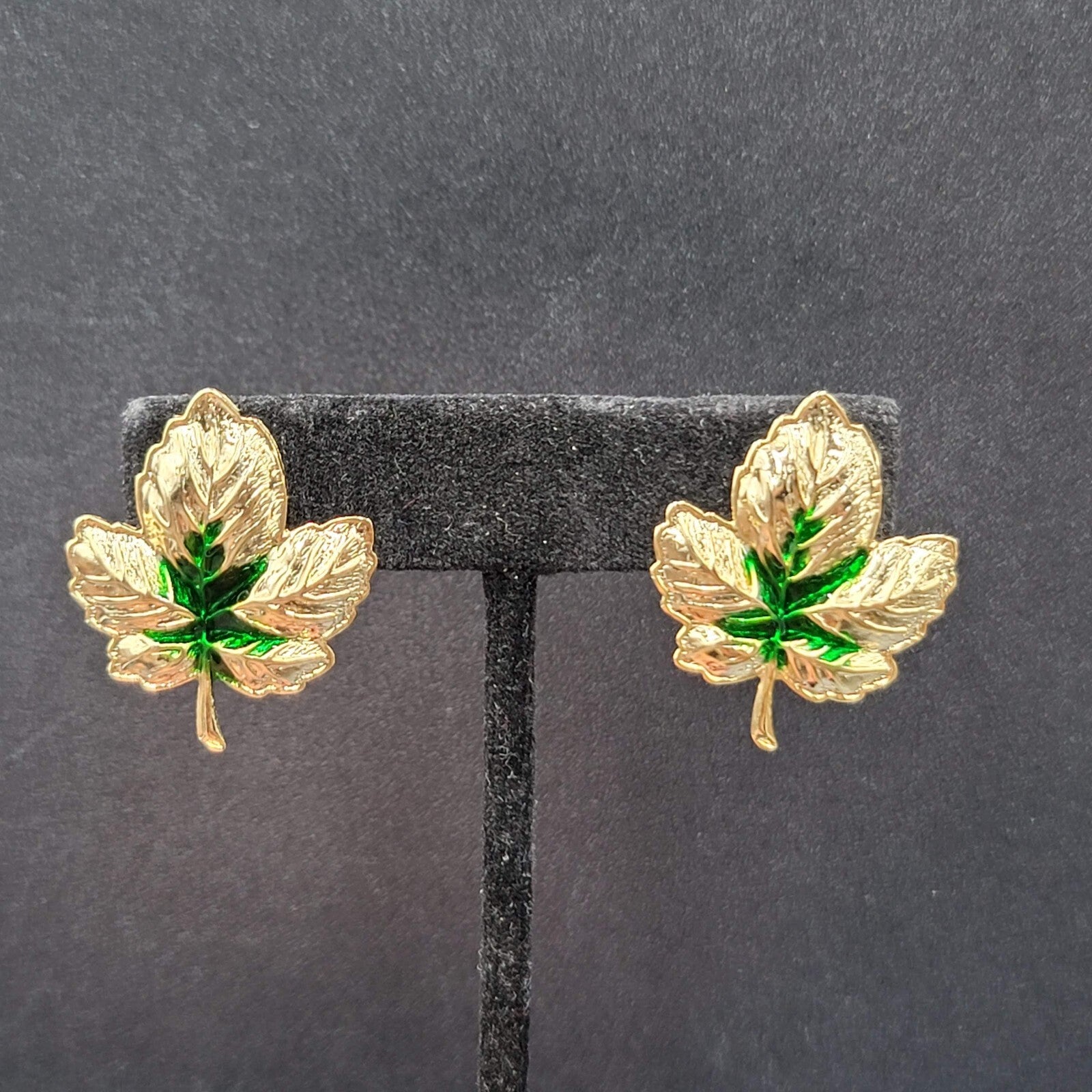 Pierced Earrings Gold tone Green Enamel Leaves Drop 1.25"