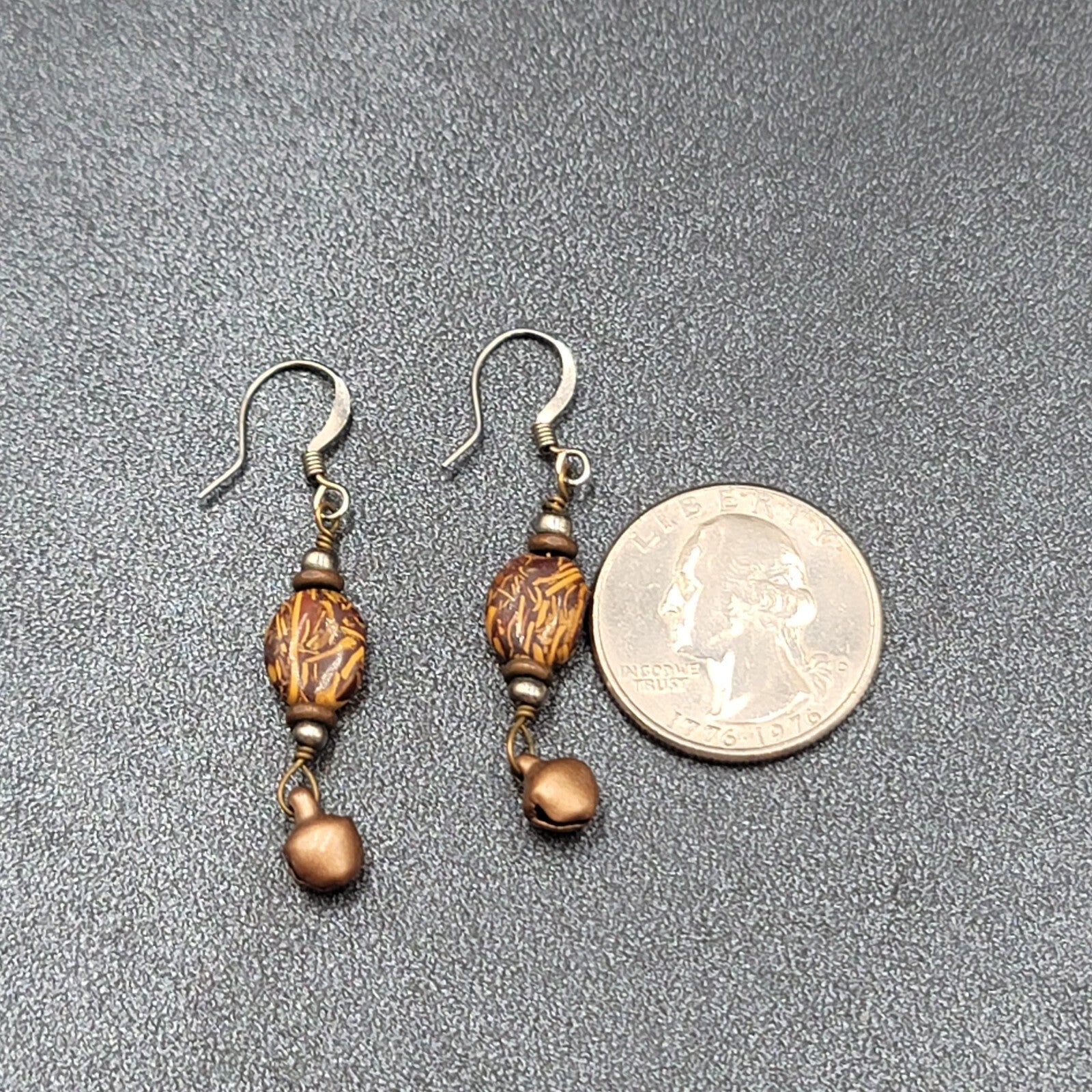 Pierced Earrings Brown Bead Copper Bell Dangle 1.25"