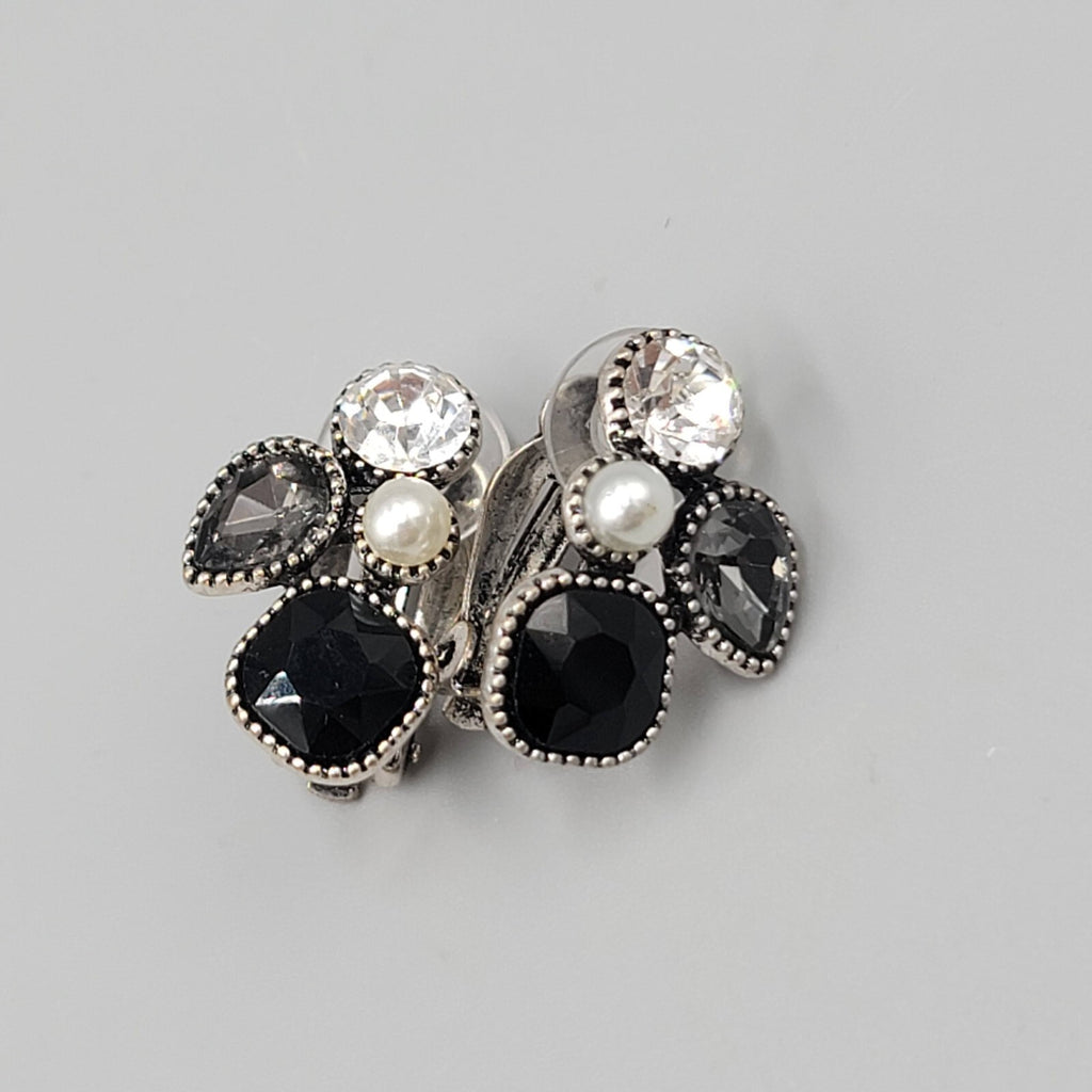 Modern  Clip on Earrings Gray Clear Crystal Dark Silver tone Drop 7/8"