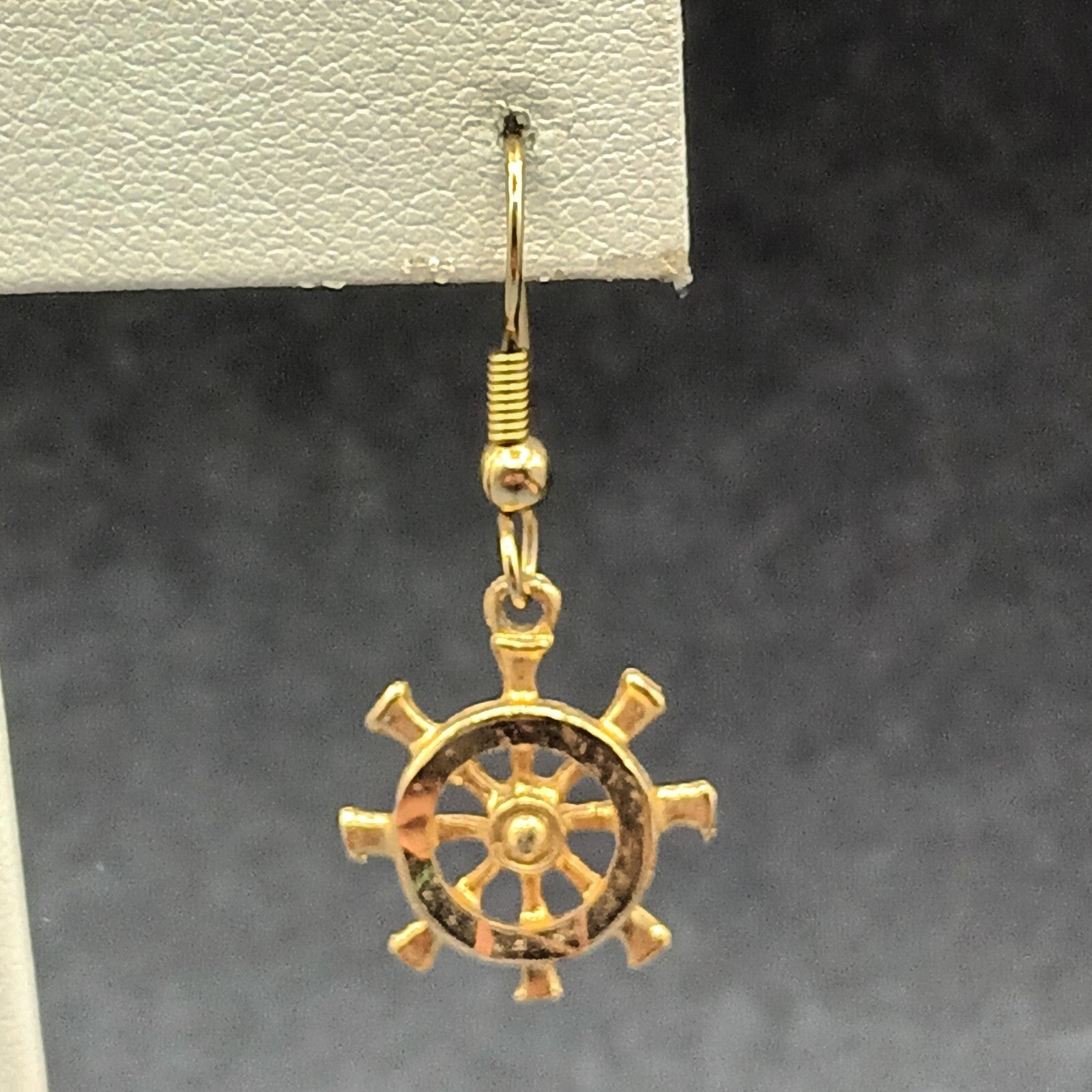 Pierced Earrings Gold tone Ship Wheel Nautical Theme Dangle 3/4"