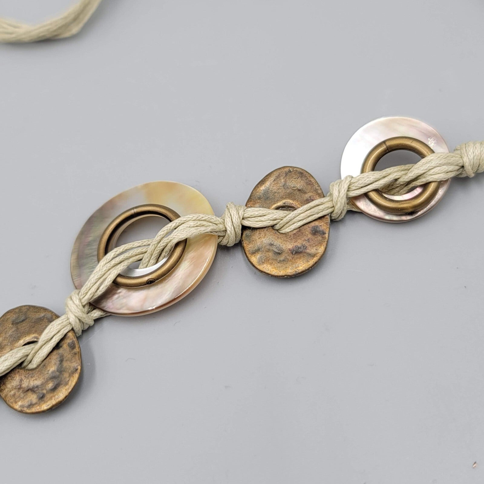 Shell Disc Necklace Cord Long Statement Bronze tone 32"