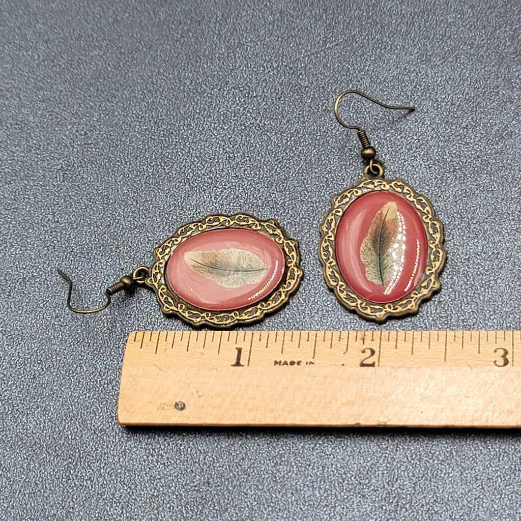 Pierced Earrings Bronze tone Oval Dangle Leaf Design Dangle 1 3/8"