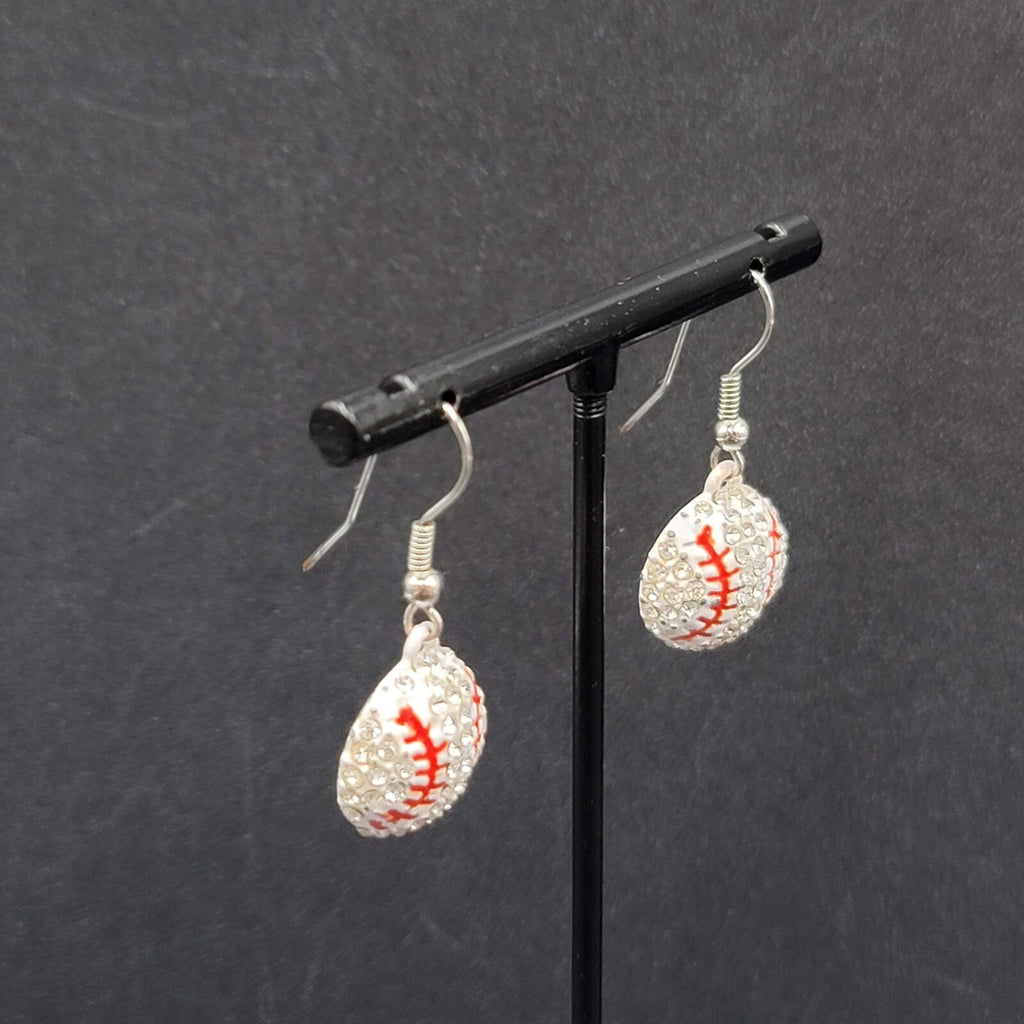 Baseball Pierced Earrings Rhinestone Enamel Dangle 3/4"