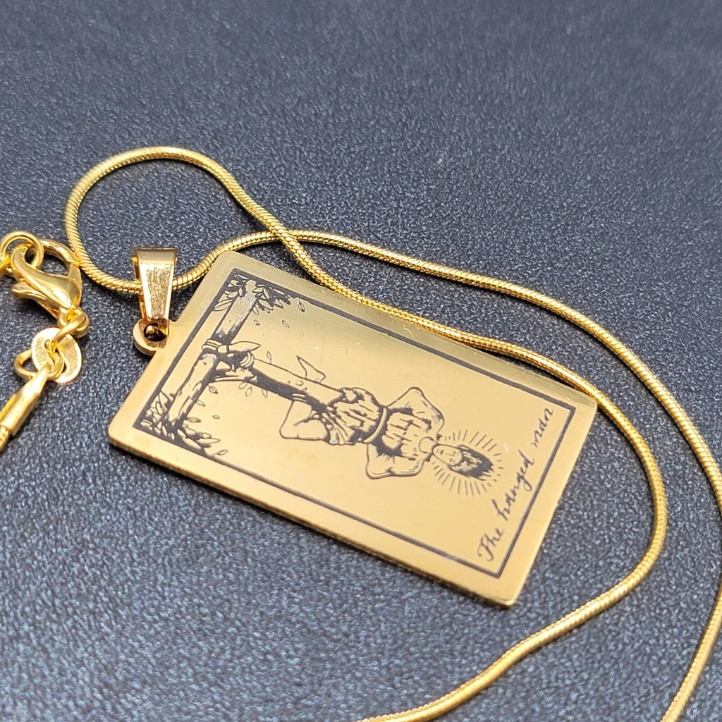 The HANGED MAN Tarot Card Pendant Necklace Major Arcana Gold tone 18”.