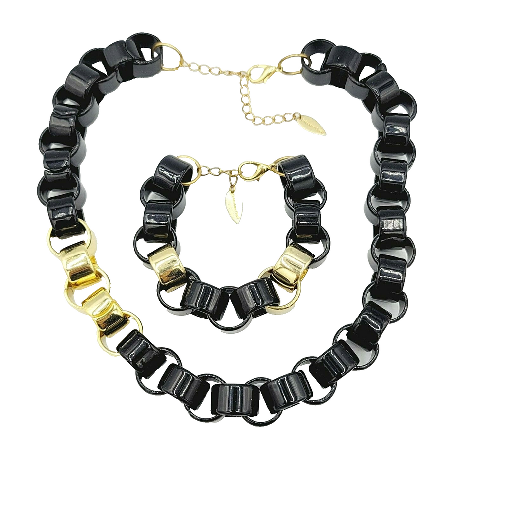 Coldwater Creek Black and Gold Plastic Link Necklace 20 in Bracelet 8 in