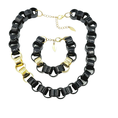 Coldwater Creek Black and Gold Plastic Link Necklace 20 in Bracelet 8 in