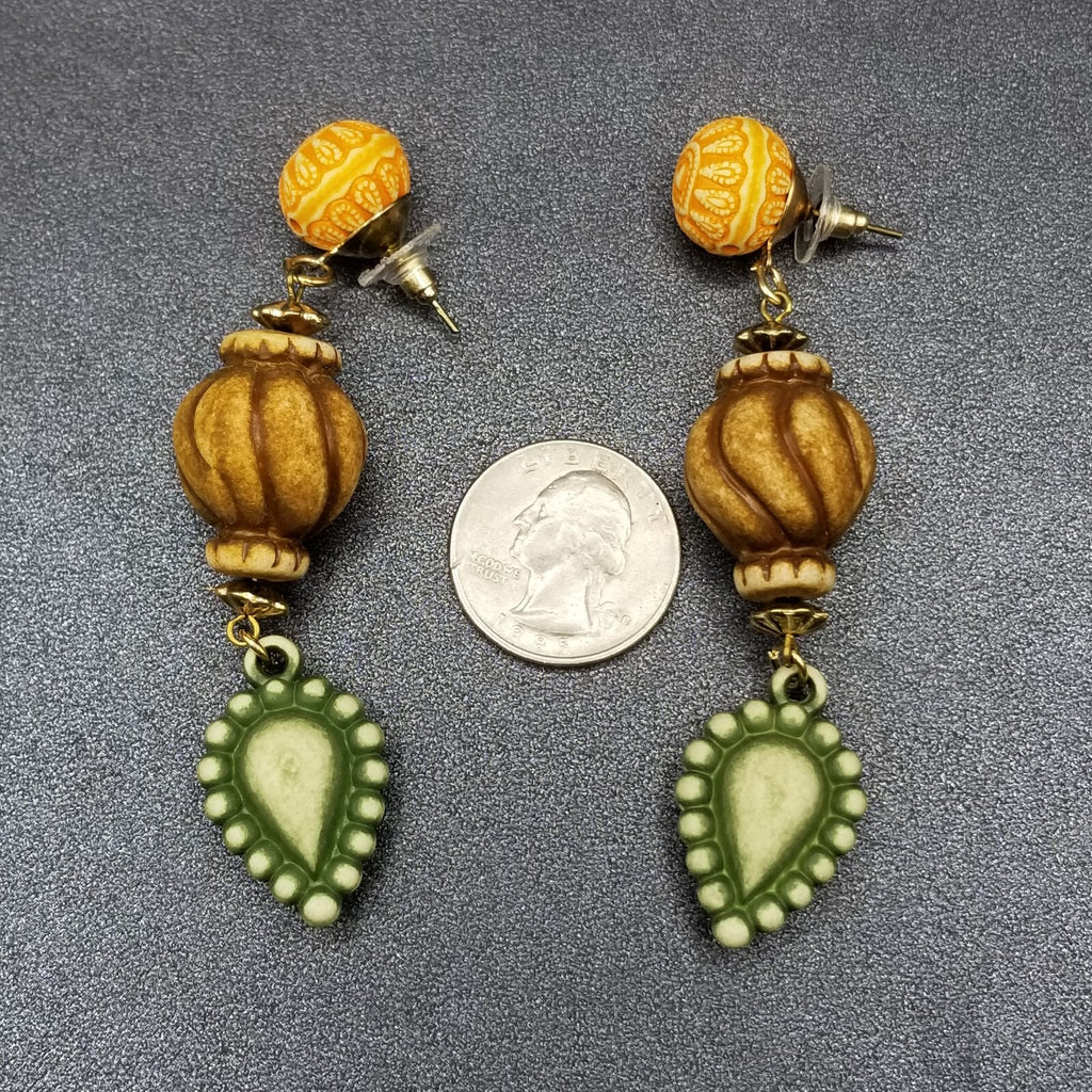 Pierced Earrings Neutral Color Beaded Large Statement Dangle 3 1/2"