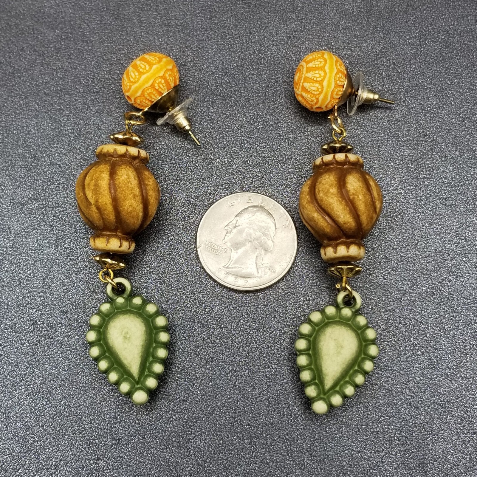 Pierced Earrings Neutral Color Beaded Large Statement Dangle 3 1/2"