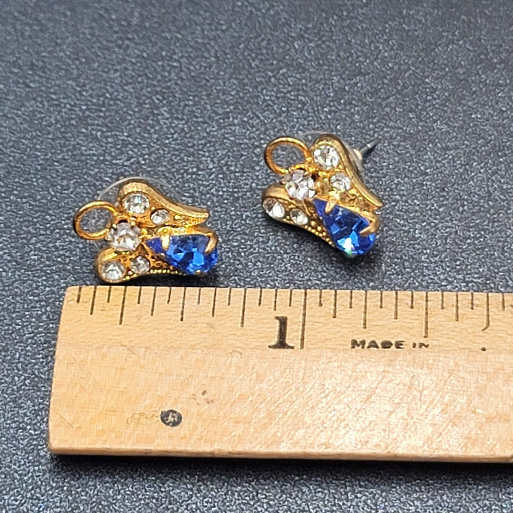 Vintage Pierced Earrings Gold tone Open Angel Blue Crystal Studs 5/8"