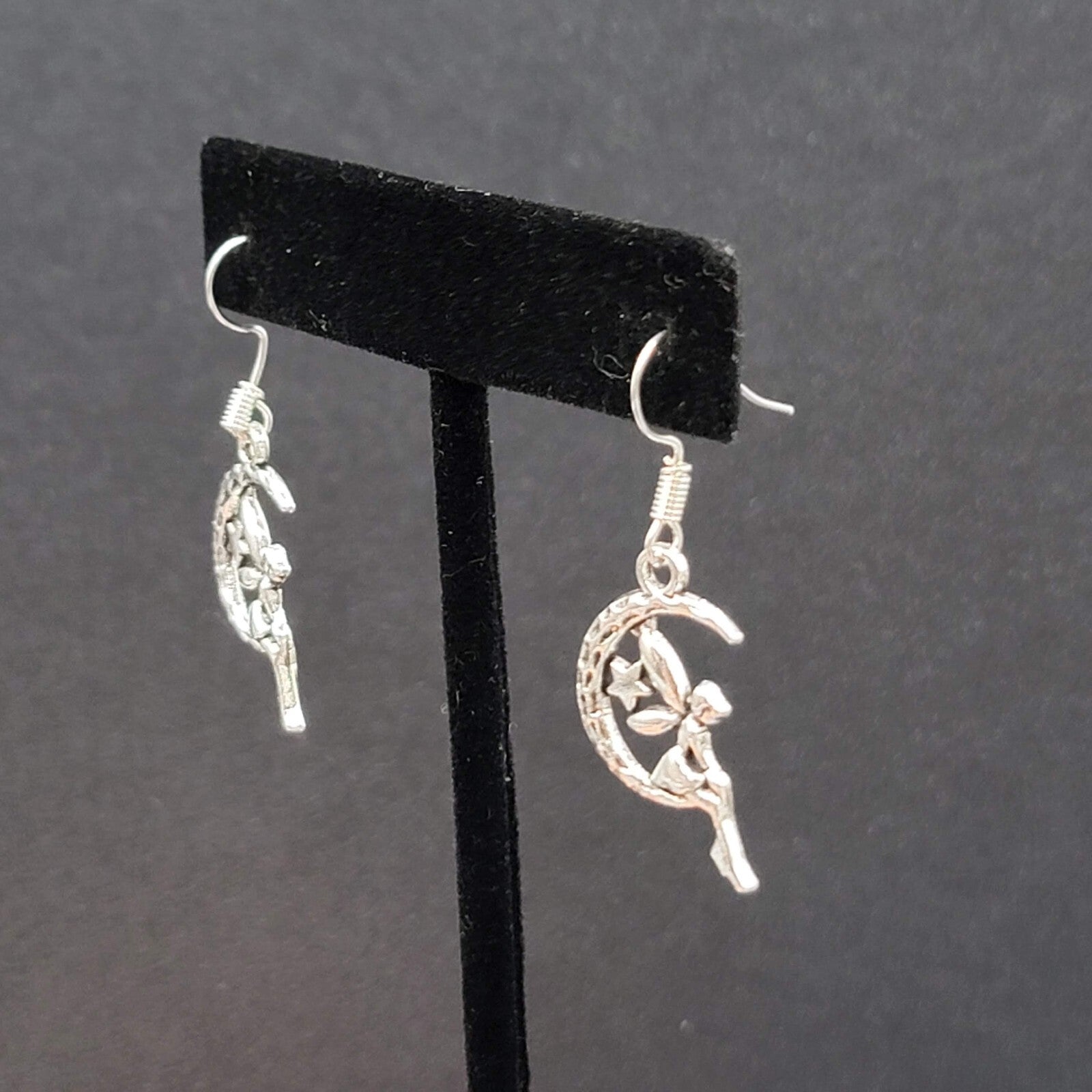 Fairy Moon Pierced Earrings Silver tone Dangle  1"